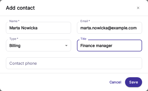 Formularz dodawania kontaktu z polami na imię, e-mail i typ