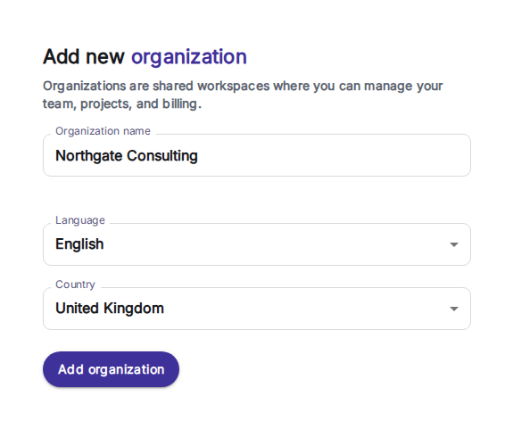 Wypełniony formularz z aktywnym przyciskiem Add organization