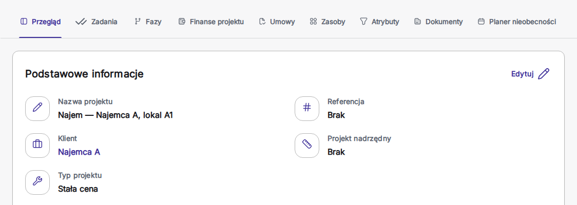 Przegląd projektu z nazwą projektu, klientem Najemca A i typem projektu