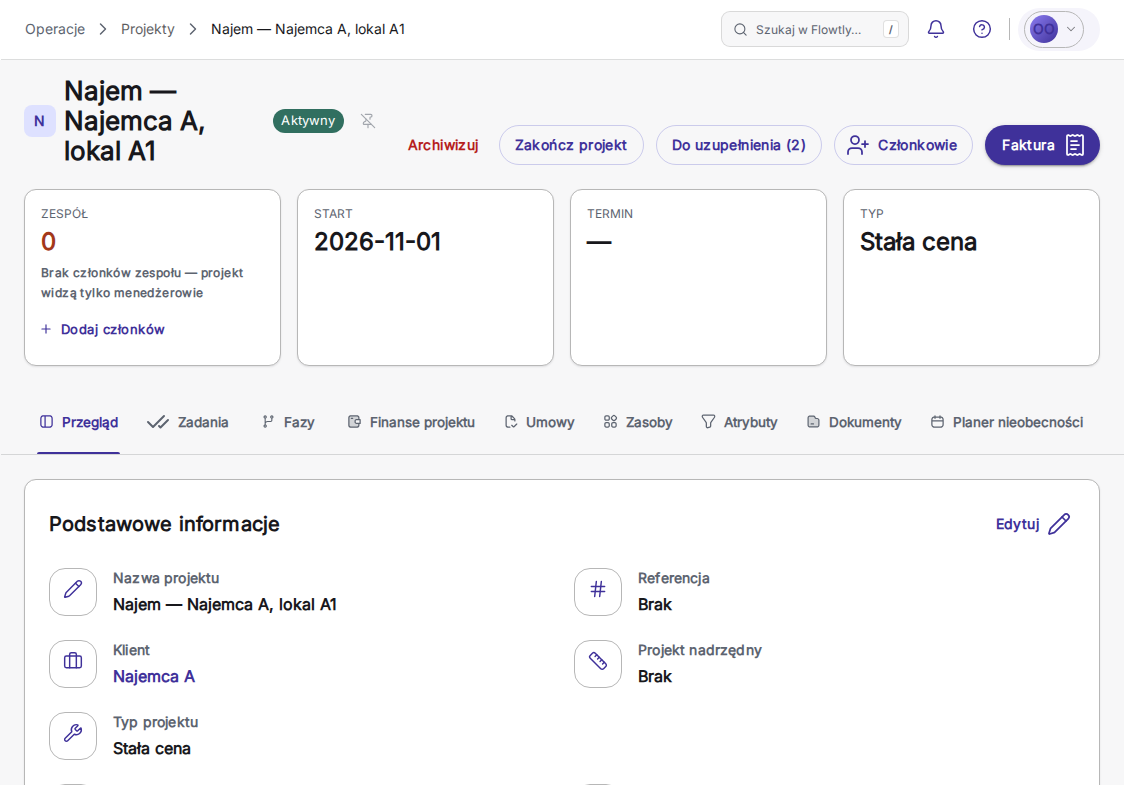Strona projektu najmu w Flowtly z projektem, jego klientem i typem projektu