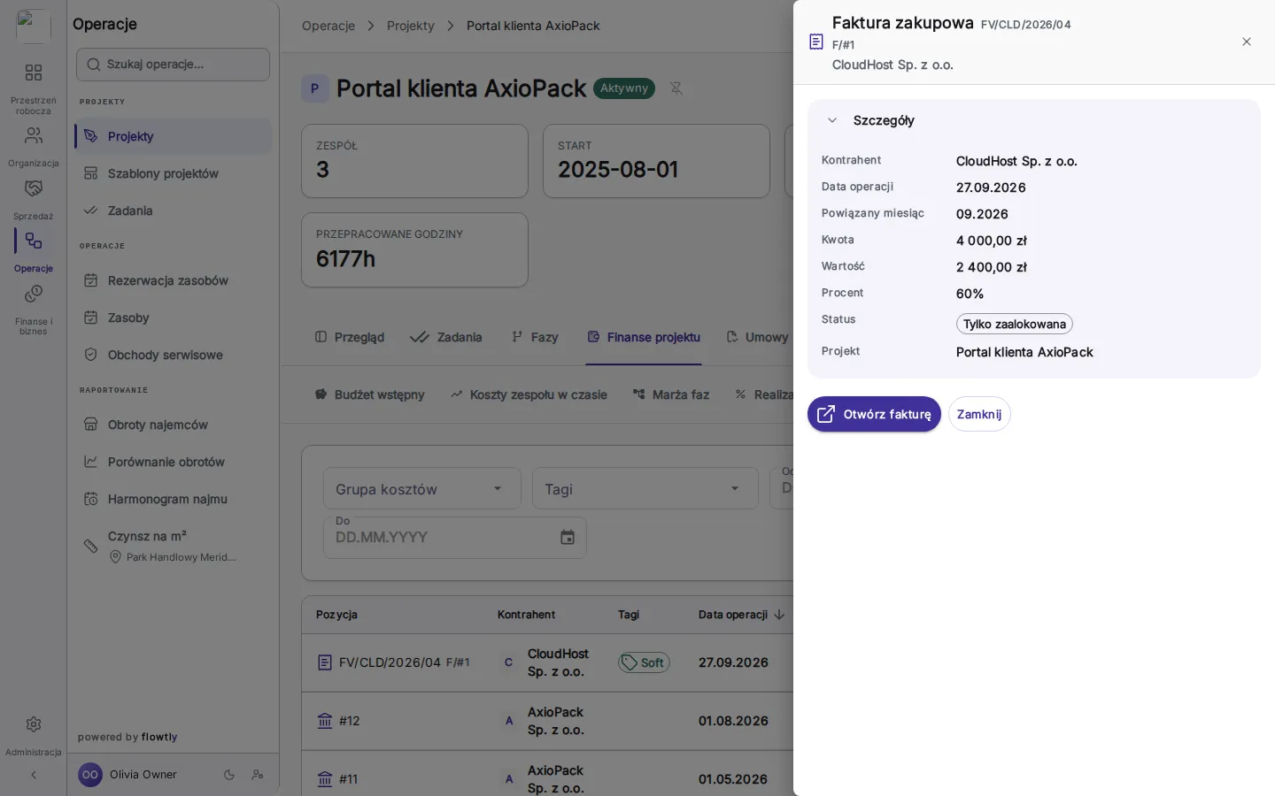 Panel boczny zatytułowany „Faktura zakupowa” z kontrahentem, datą operacji, kwotą 4 000,00 zł, wartością 2 400,00 zł, udziałem 60% i przyciskiem „Otwórz fakturę”.